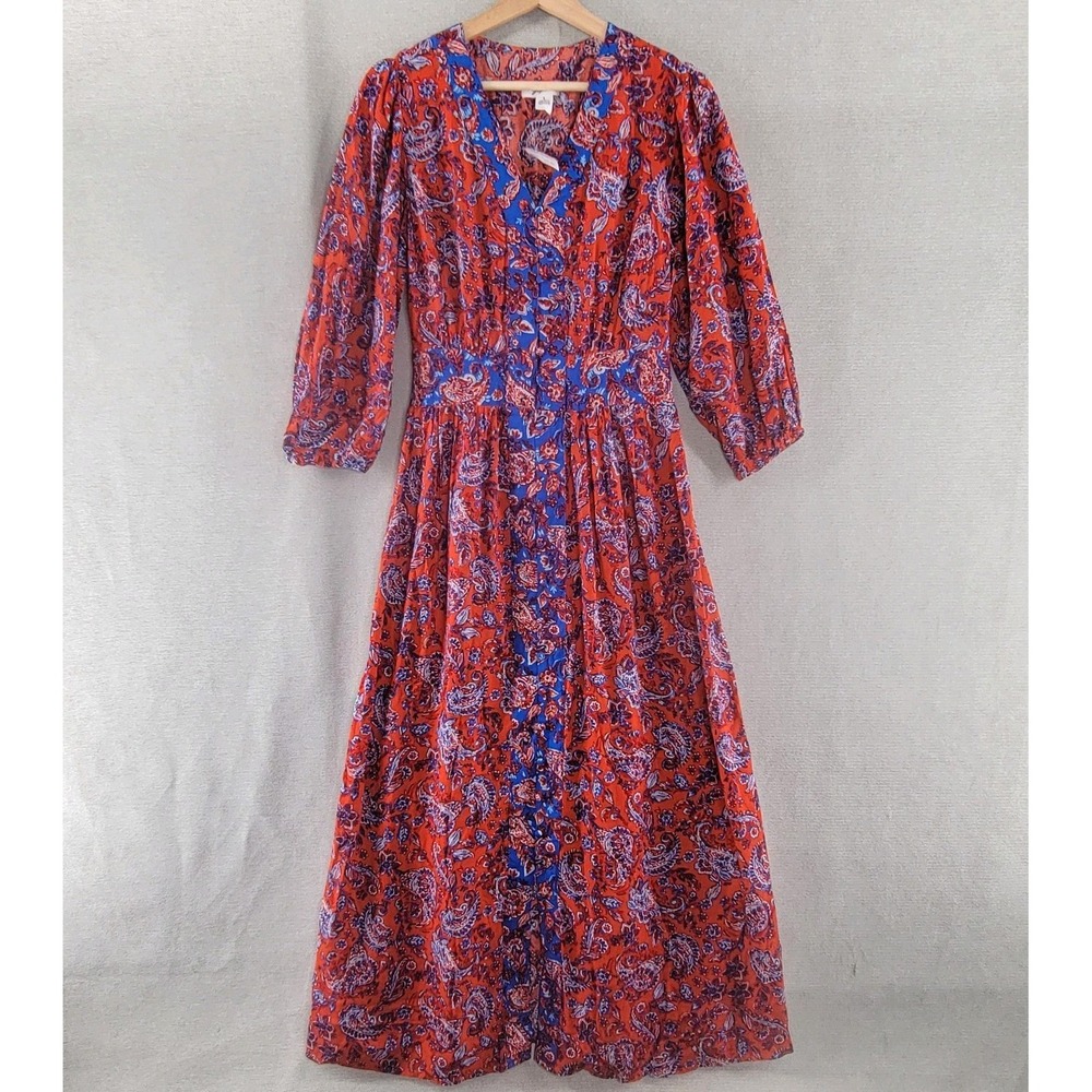 Japna Dress Boho Button Front Bandana Paisley Smocked Maxi NEW Size Large Red